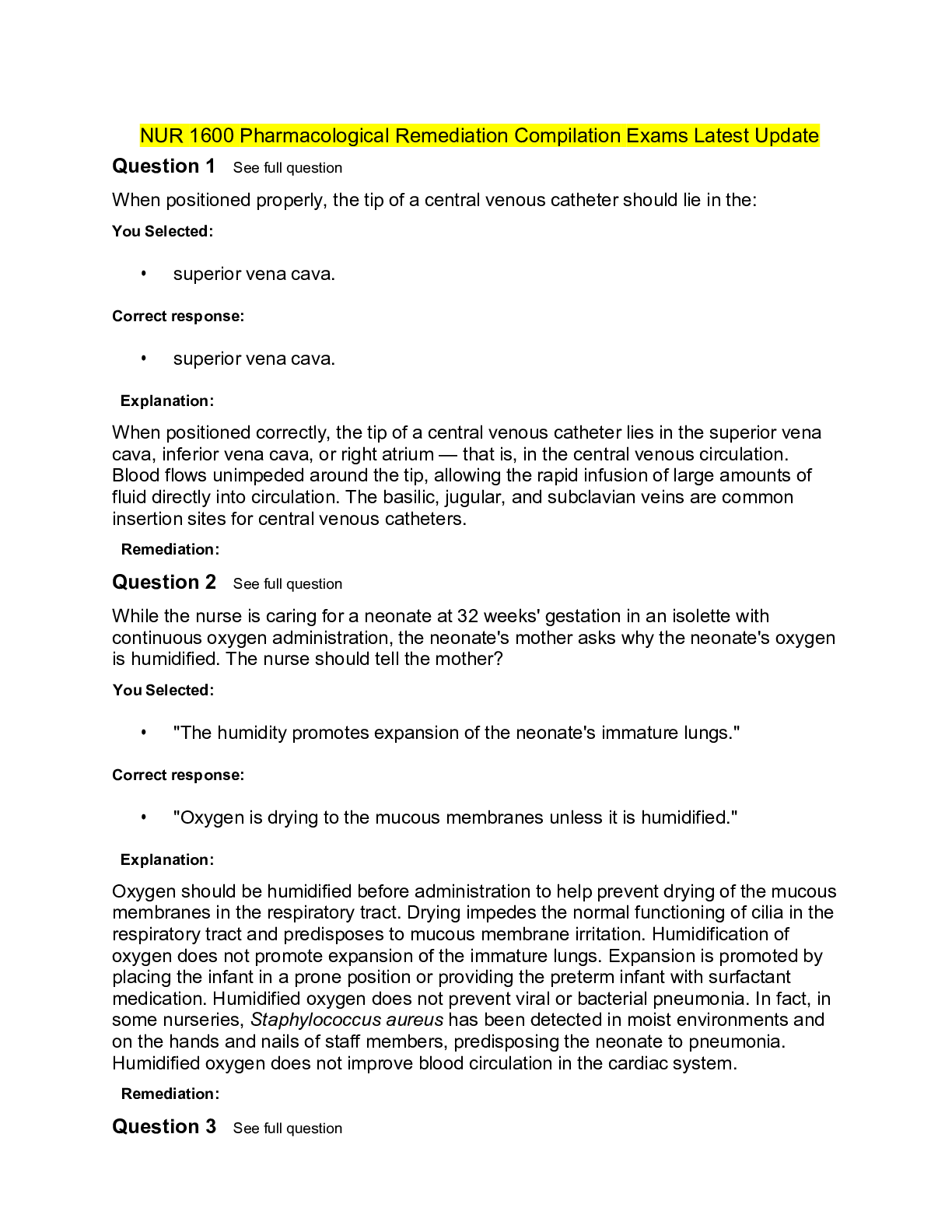 Preview of NUR 1600 Pharmacological Remediation Compilation Exams Latest Update